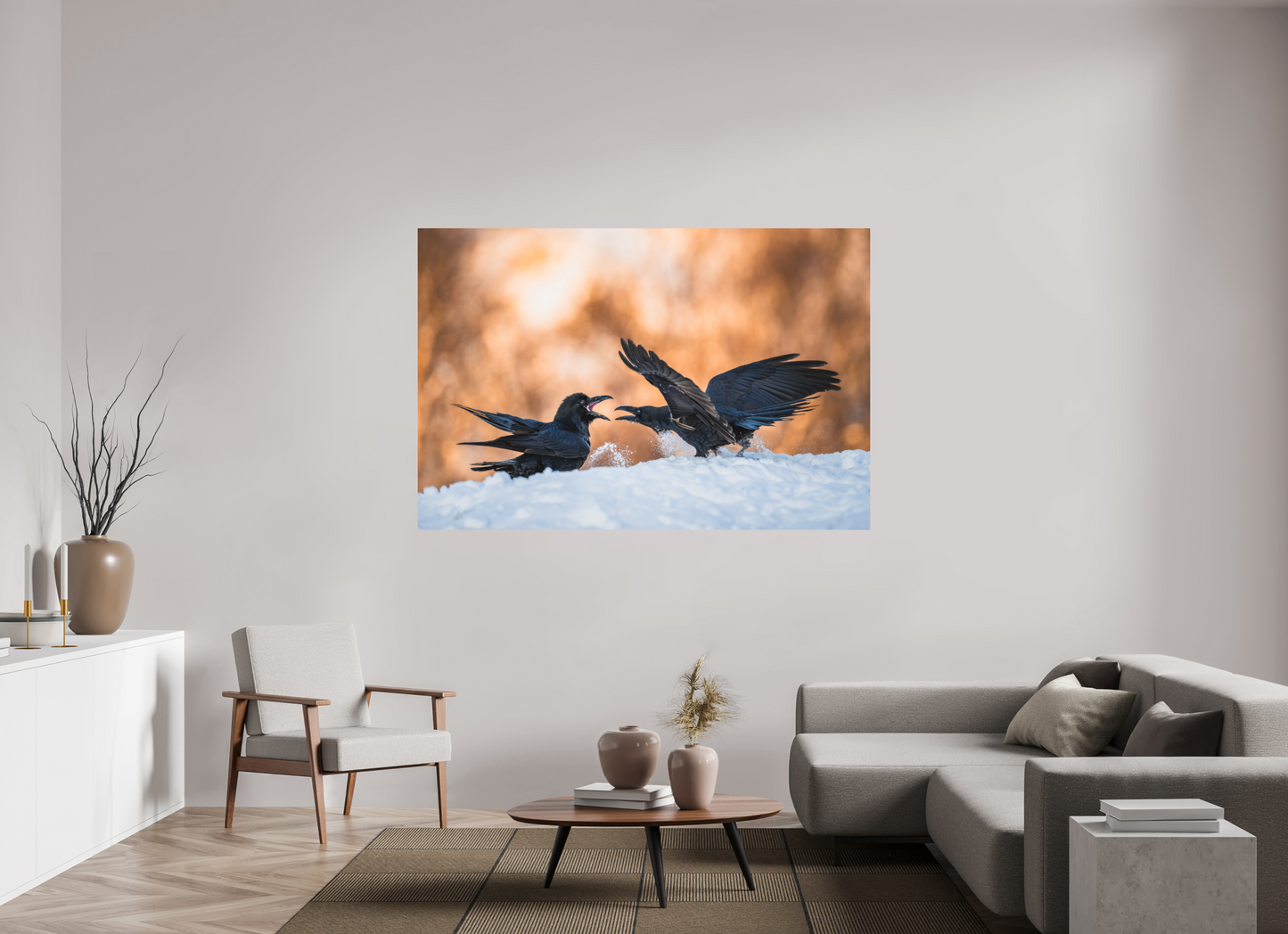Ravens fighting in the snow
