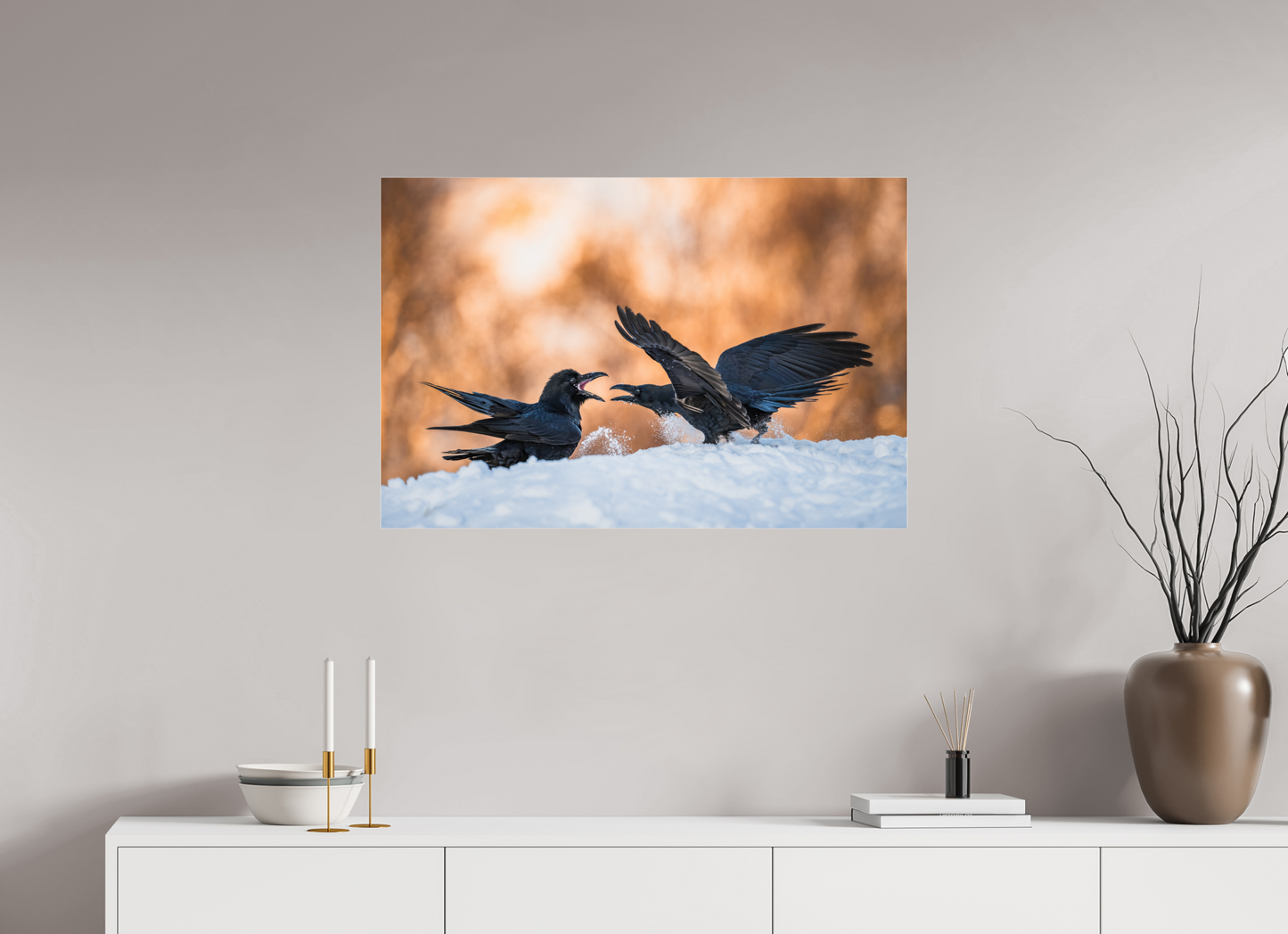 Ravens fighting in the snow